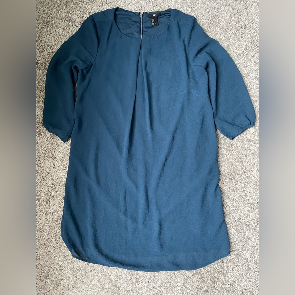 H&M Petroleum Green Tunic Dress | Size 6 | 3/4 Sleeve | Soft Polyester Blend